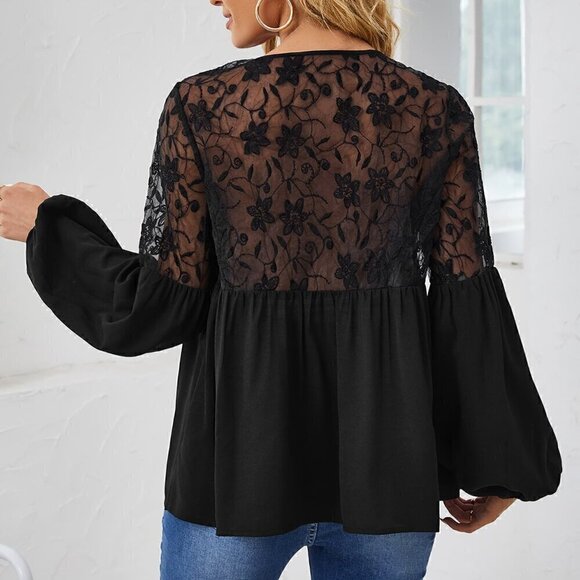 Black Casual Women's Guipure Lace Trim Embroidery Mesh Insert Blouse - Picture 2 of 5
